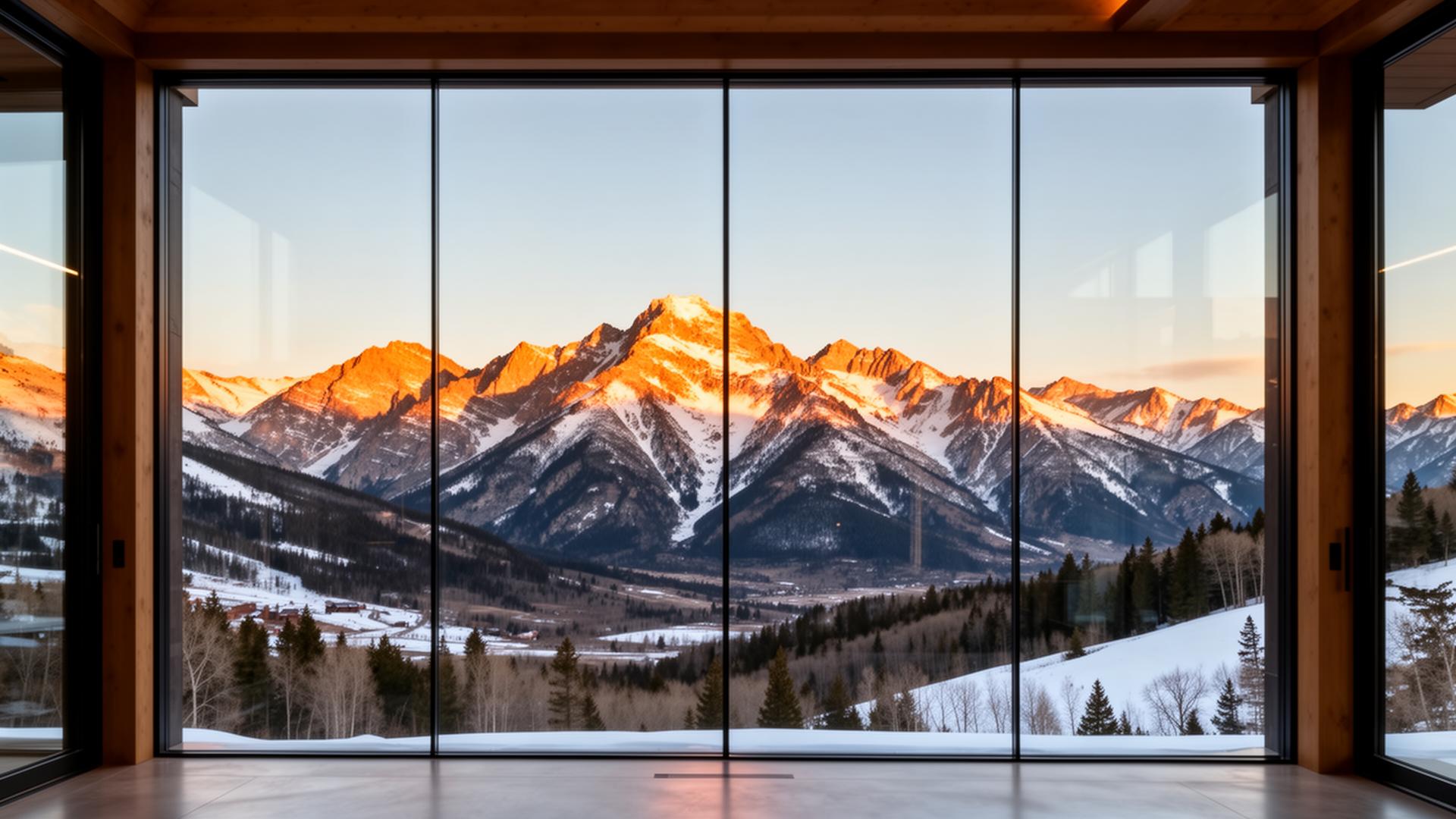 Floor-to-ceiling windows in an Aspen mountain home framing snow-capped peaks at sunset