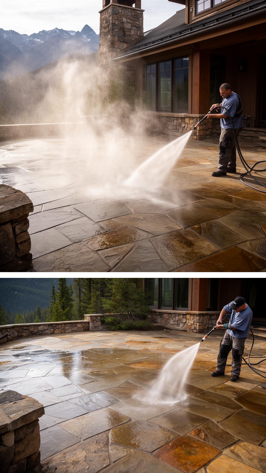 Pressure washing stone patio